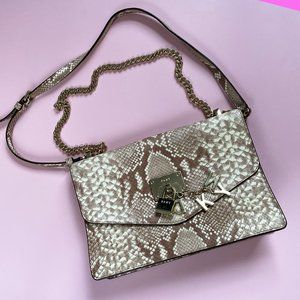 Medium size snake print chain purse, DKNY beige python leather crossbody bag